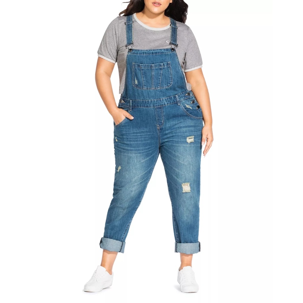 City Chic 'Over It All' Distressed Denim Overalls in Light Denim